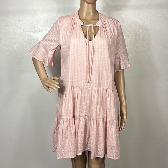 Pink Cotton Bell Sleeves Ruffle Hem Flowy Mini Dress Size M - Picture 1 of 9
